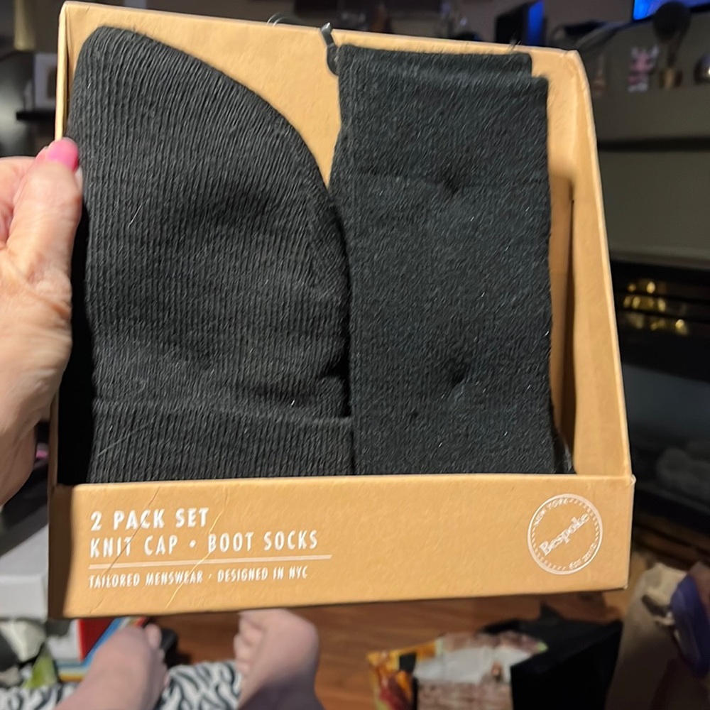 Bespoke Black Knit 2 Pack Set of Knit Cap and Boot Socks.  Brand New!